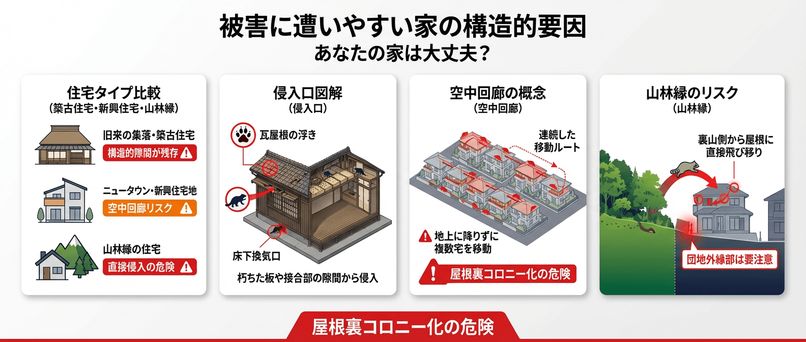 アライグマ被害に遭いやすい家の構造的要因と侵入経路図解｜築古住宅の隙間、ニュータウンの「空中回廊」リスク、山林縁からの直接侵入を比較。瓦屋根の浮きや床下換気口からの侵入対策、屋根裏コロニー化の危険性を解説