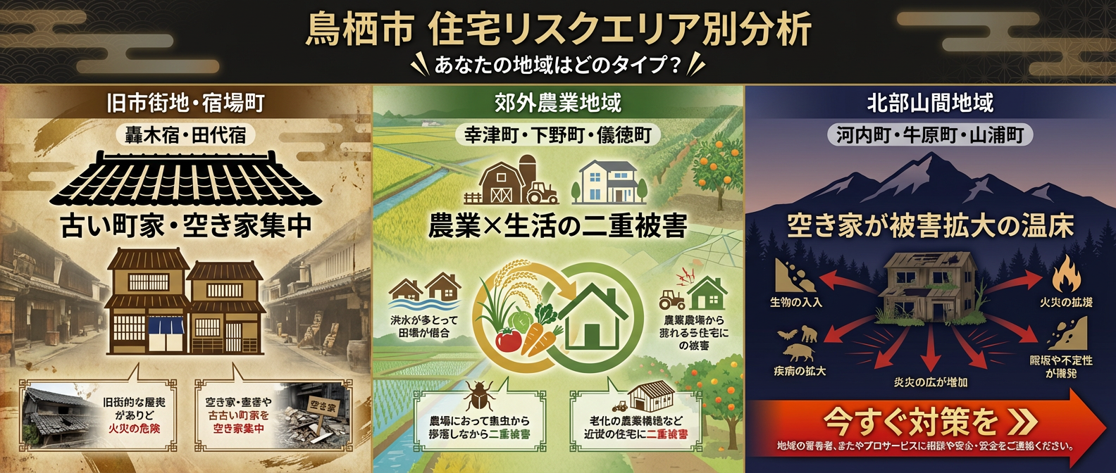 鳥栖市の住宅リスクエリア別アライグマ被害分析｜旧市街地（轟木・田代）の空き家侵入、郊外農業地域（幸津・下野・儀徳）の農作物・家屋複合被害、北部山間部（河内・牛原・山浦）の被害温床化リスクを図解