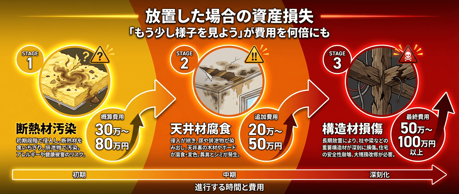 アライグマ被害放置による修繕費用の増大シミュレーション｜初期の断熱材汚染（30〜80万円）から、中期の天井腐食（＋20〜50万円）、深刻な構造材損傷（100万円以上）へと拡大する資産損失リスク図解