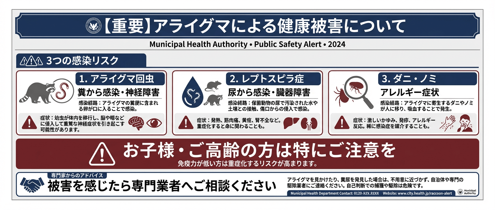 アライグマによる健康被害と3つの感染リスク｜アライグマ回虫（脳・神経障害）、レプトスピラ症（腎不全・死の危険）、ダニ・ノミ（アレルギー）を警告。免疫力の低い子供や高齢者は特に重症化しやすいため注意が必要