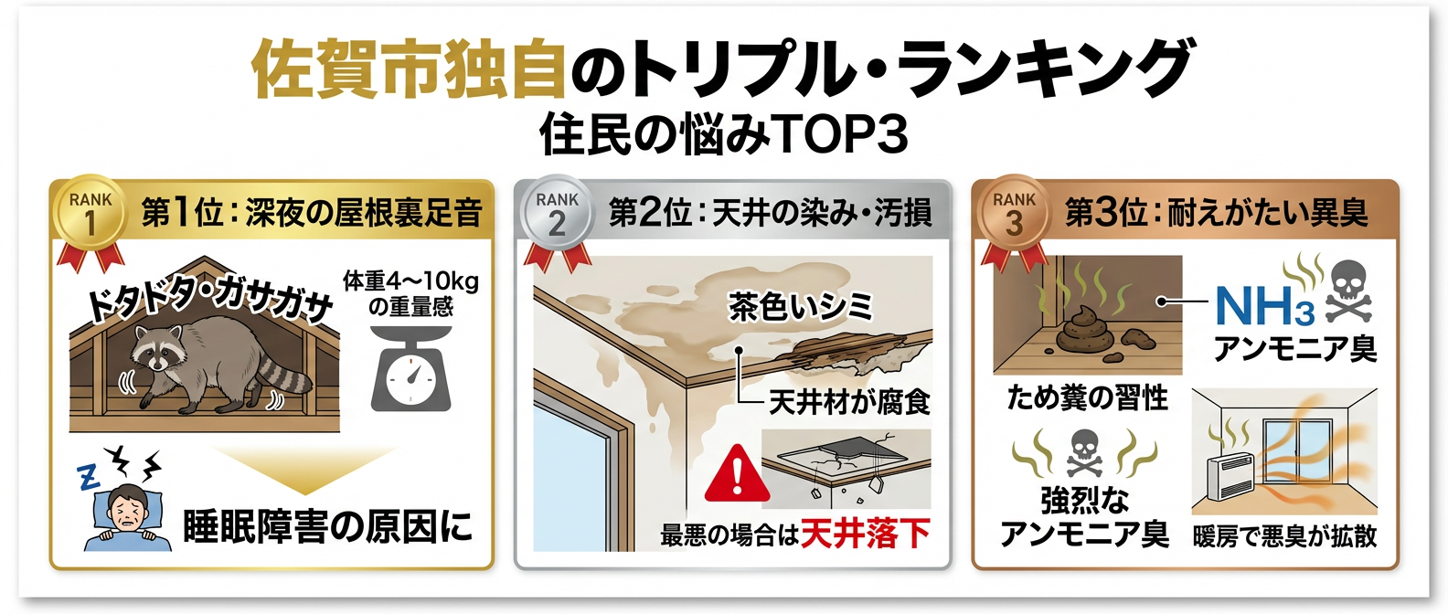 佐賀市のアライグマ被害で住民が抱える悩みTOP3ランキング。第1位「深夜の屋根裏足音（騒音による睡眠障害）」、第2位「天井のシミ・汚損（尿による腐食・落下リスク）」、第3位「耐えがたい異臭（ため糞のアンモニア臭）」。生活環境への深刻な被害実態を図解したパネル
