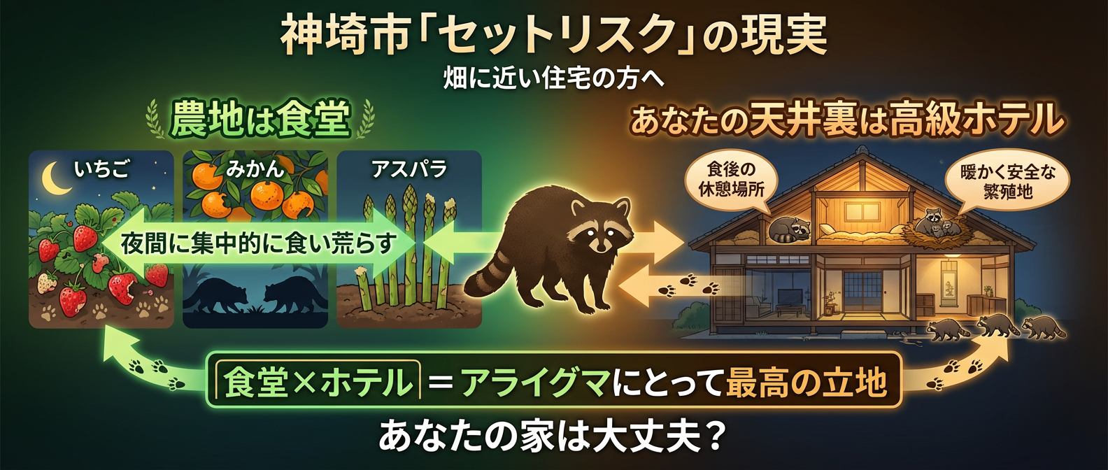 神埼市のアライグマ被害「セットリスク」図解