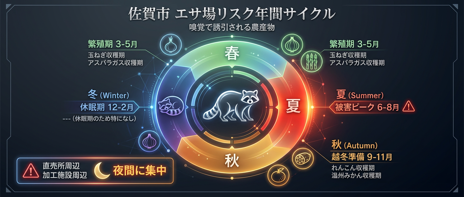 佐賀市におけるアライグマのエサ場リスク年間サイクル図。春はタマネギ・アスパラガス、夏は被害ピーク、秋はレンコン・ミカンの収穫期に嗅覚で誘引される。夜間の直売所や加工施設周辺も警戒が必要であることを示す季節別対策チャート