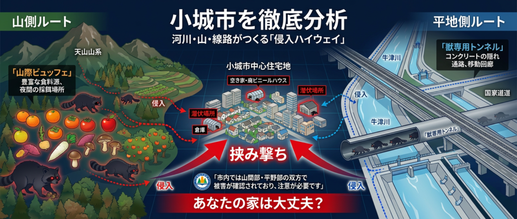 小城市のアライグマ被害の現状について徹底分析した内容をまとめたインフォグラフィック図解