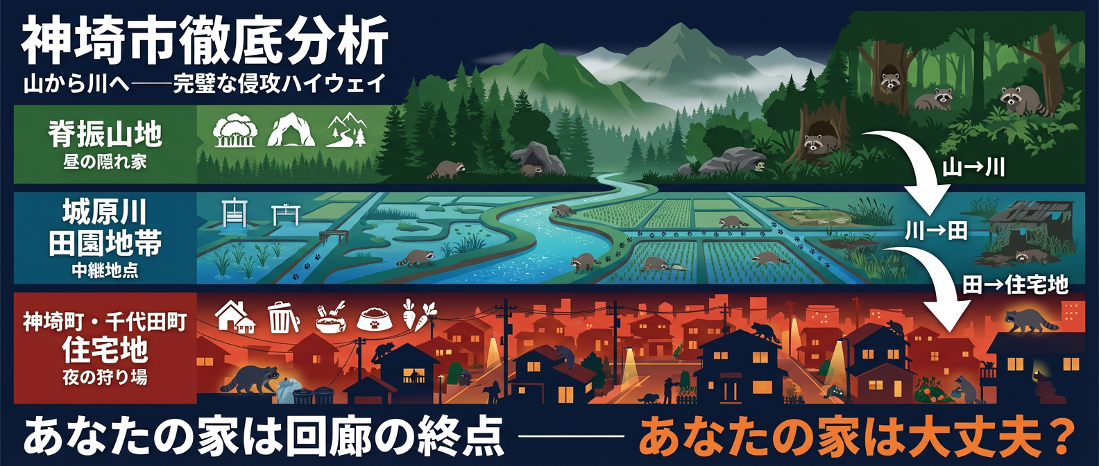 神埼市のアライグマ被害構造「完璧な侵攻ハイウェイ」の図解