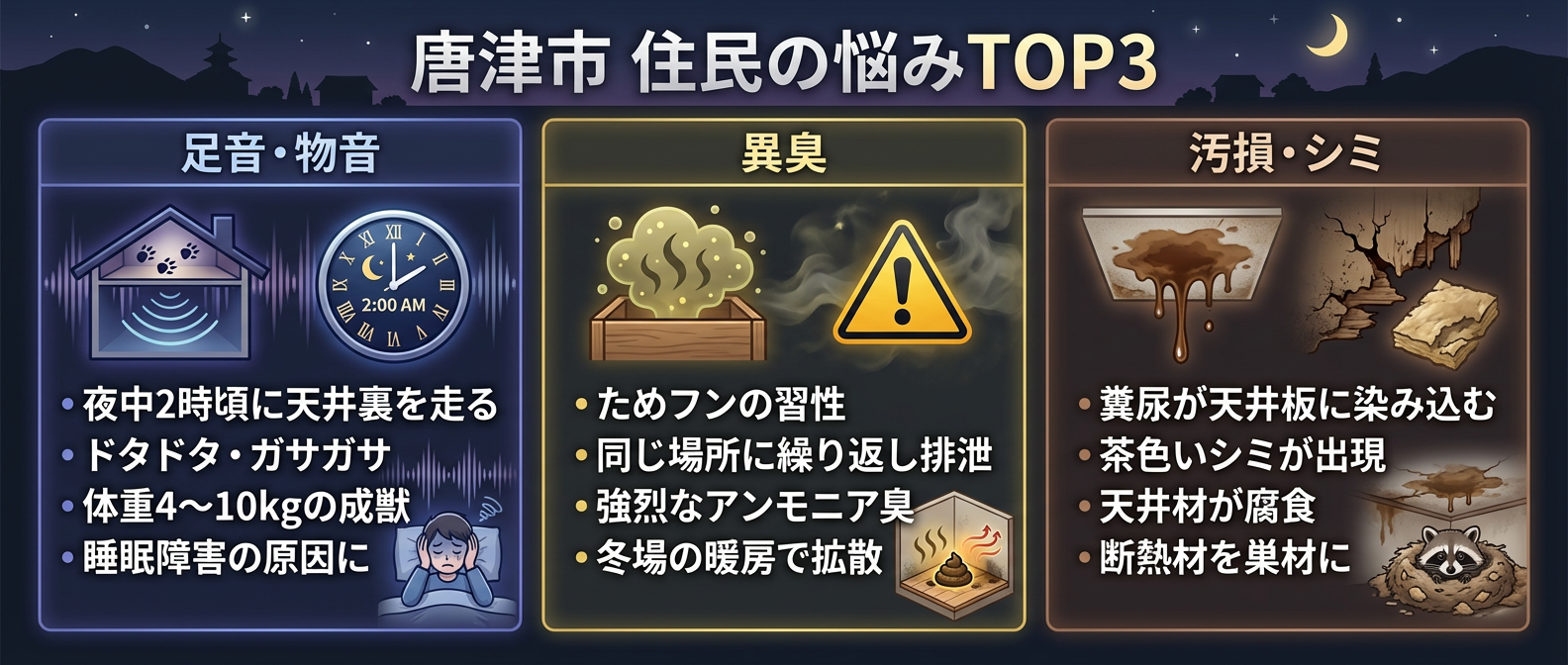唐津市住民のアライグマ被害悩みTOP3。第1位「深夜2時の足音・物音(睡眠障害)」、第2位「ため糞による強烈な異臭(アンモニア臭)」、第3位「天井の汚損・シミ(腐食・断熱材被害)」。生活環境を脅かす具体的症状の図解