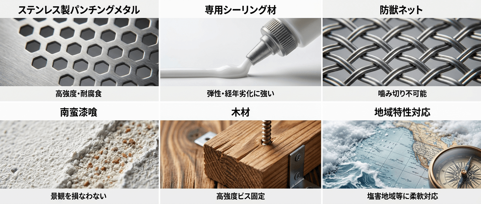 アライグマの再侵入を防ぐためのプロ仕様封鎖部材6選｜噛み切り不可能なステンレス製パンチングメタル・防獣ネット、経年劣化に強い専用シーリング材、景観を守る南蛮漆喰など、高強度・耐腐食素材による完全封鎖施工