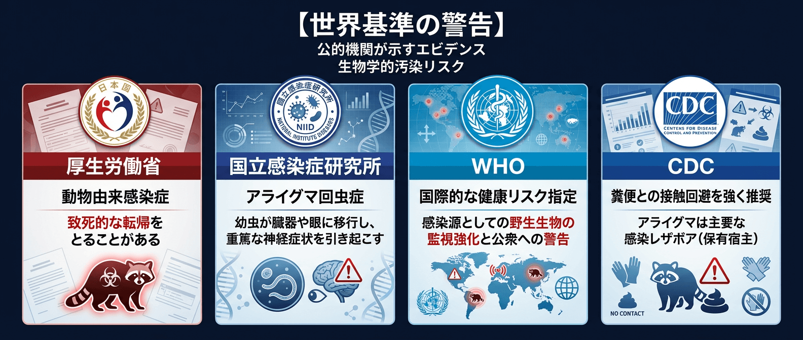 世界基準の警告：アライグマの生物学的汚染リスクに関する公的機関のエビデンス｜厚生労働省（致死的感染症）、国立感染症研究所（回虫症による神経障害）、WHO（国際的健康リスク）、CDC（感染レザボア）による公式見解一覧