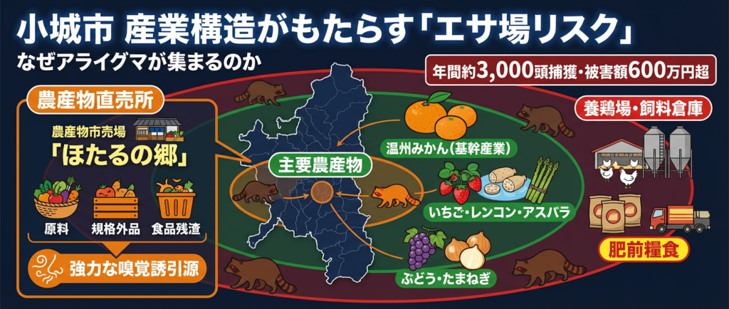 小城市の産業構造がもたらすエサ場リスク。小城市においてアライグマを誘引する原因やルートを図解を用いて説明。