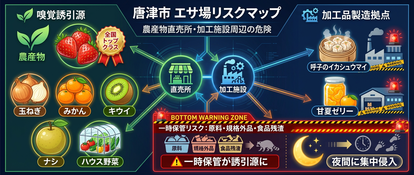唐津市のアライグマ エサ場リスクマップ。全国トップクラスのイチゴやハウスミカン等の農産物、呼子のイカシュウマイや甘夏ゼリー等の加工施設が嗅覚誘引源となる。直売所周辺での規格外品や食品残渣の一時保管が、夜間の集中侵入を招くリスクを警告する図解