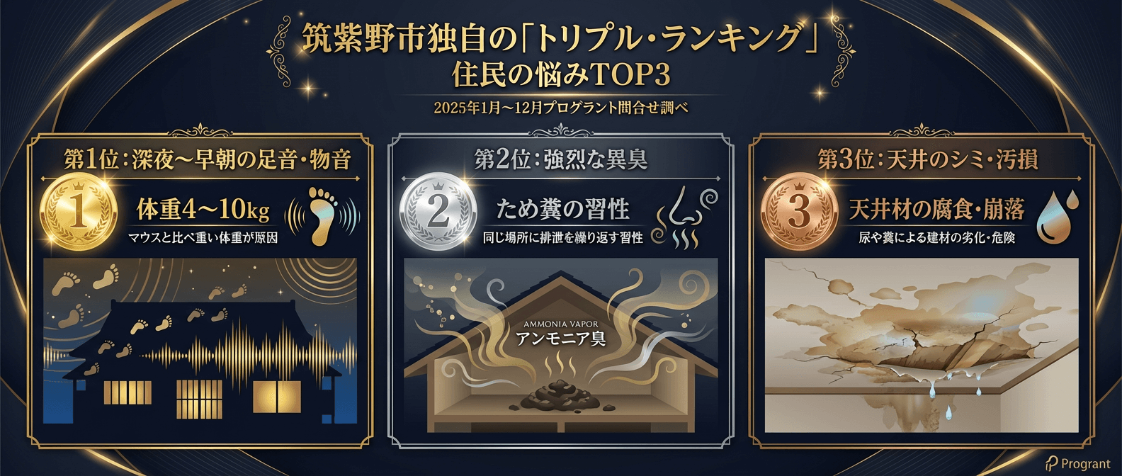 筑紫野市のアライグマ被害悩みランキングTOP3（2025年実績）｜1位：深夜の足音・物音、2位：ため糞の異臭、3位：天井のシミ・崩落。体重4kg超の害獣による騒音と糞尿被害の実態を解説