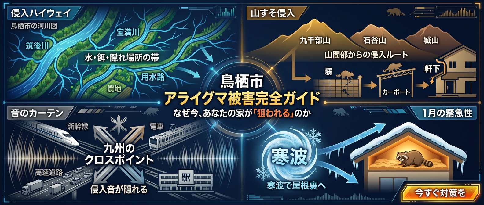鳥栖市のアライグマ被害完全ガイド｜筑後川・宝満川の「侵入ハイウェイ」、九千部山・石谷山・城山からの「山すそ侵入」、新幹線・高速道路の騒音が足音を消す「音のカーテン」現象、1月の寒波による屋根裏侵入リスクを図解