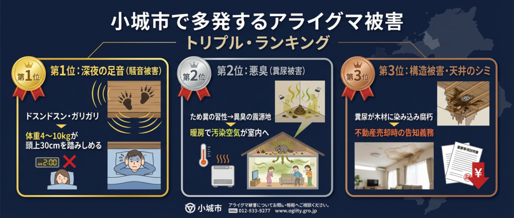 小城市で多発するアライグマ被害のお悩み別ランキングを図解を用いて解説。