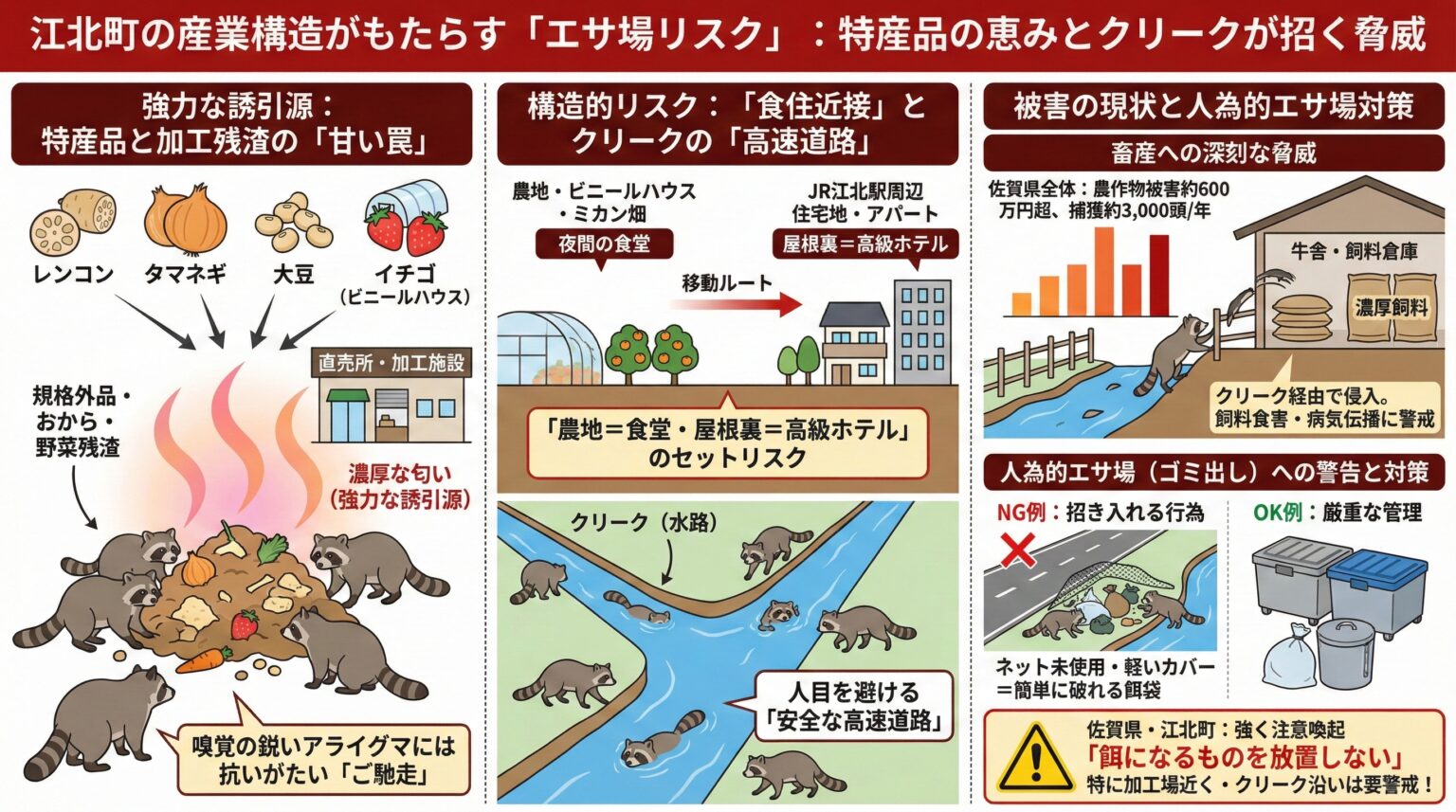 江北町の産業構造がもたらすエサ場リスク。特産品の恵みとクリークが招く脅威。