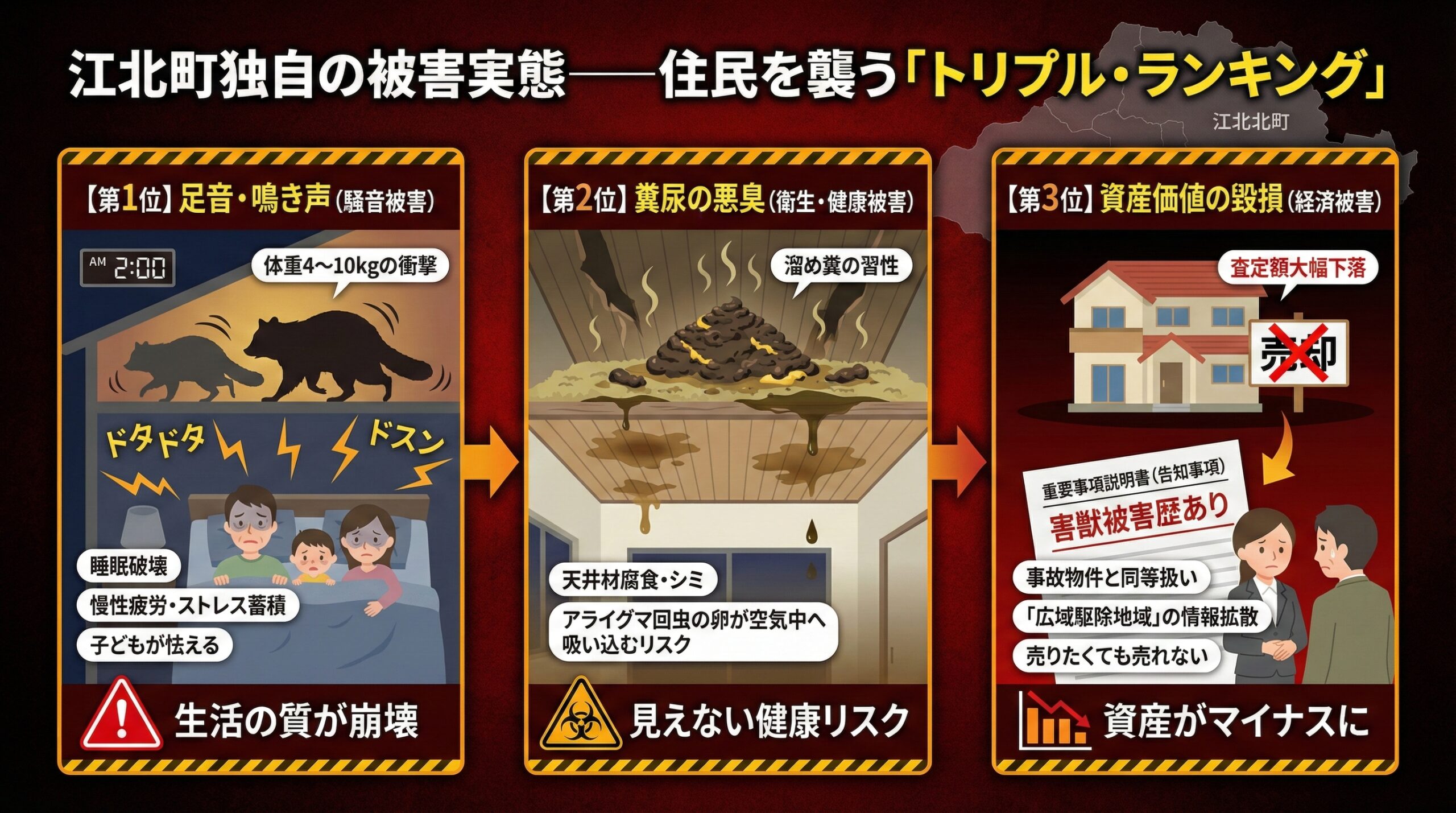 江北町独自の被害実態。住民を襲うトリプルランキング。第1位足音、第2位悪臭、第3位資産価値の毀損。