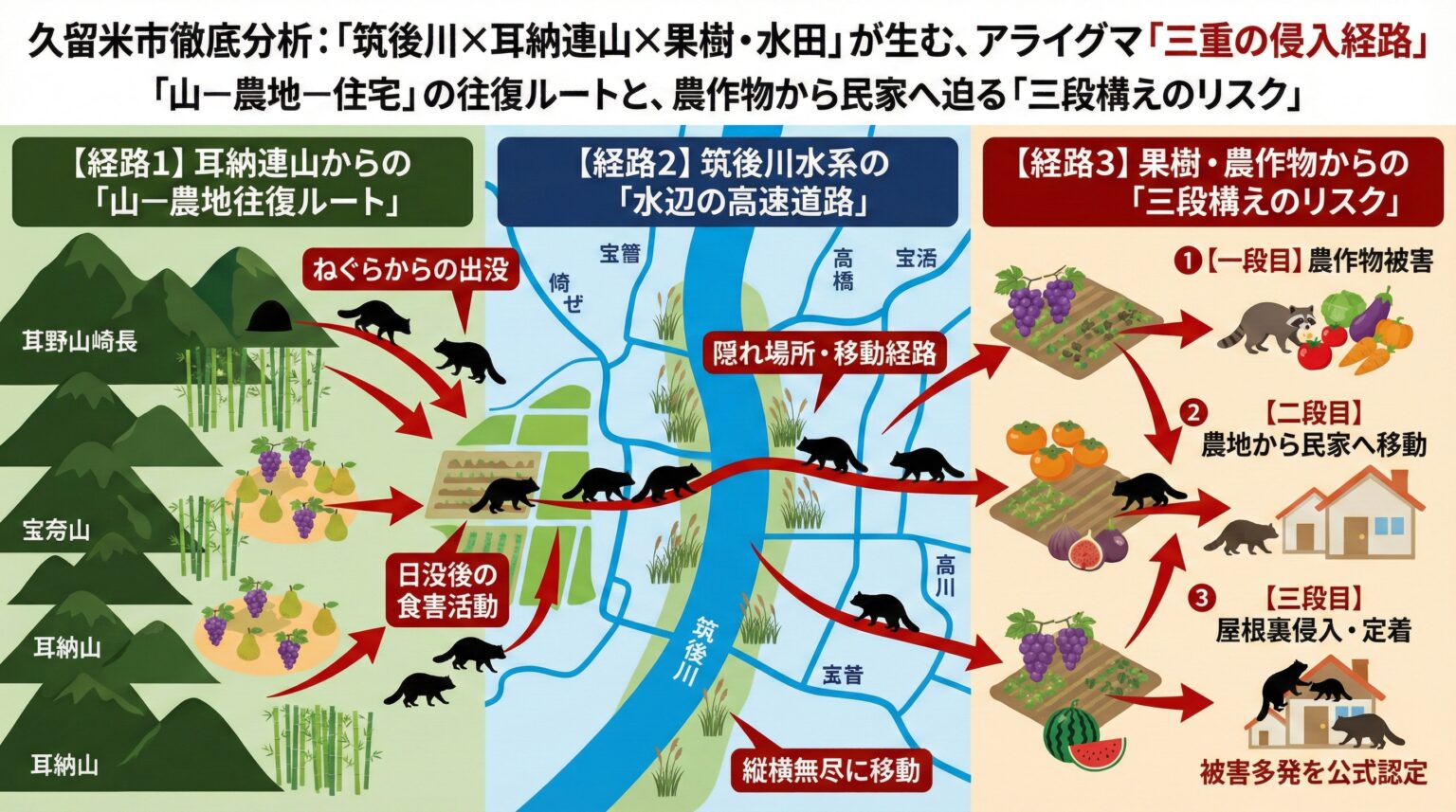 久留米市徹底分析。筑後川、耳納連山、果樹・水田が生む、アライグマ三重の侵入経路。山ー農地ー住宅の往復ルートと農作物から民家へ迫る三段構えのリスク。