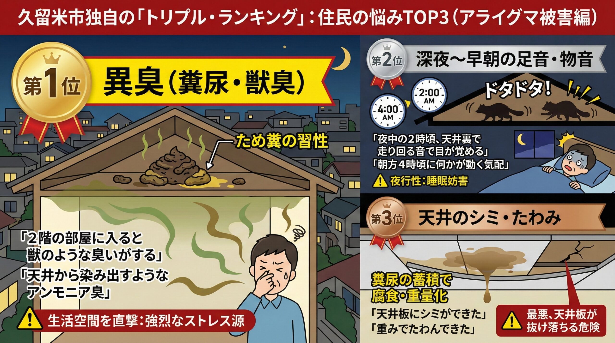 久留米市独自のトリプルランキング住民の悩みTOP3。アライグマ被害編。 第一位：異臭、第二位：足音、第三位：天井のシミ
