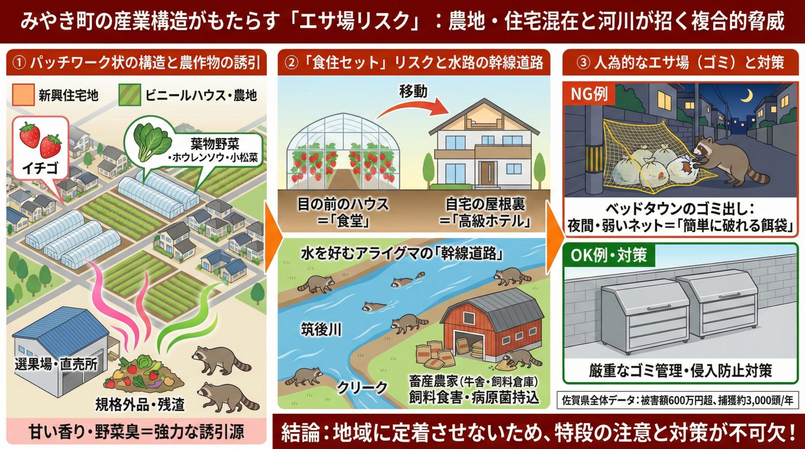 みやき町の産業構造がもたらすエサ場リスク。農地。住宅混在と河川が招く複合的脅威。