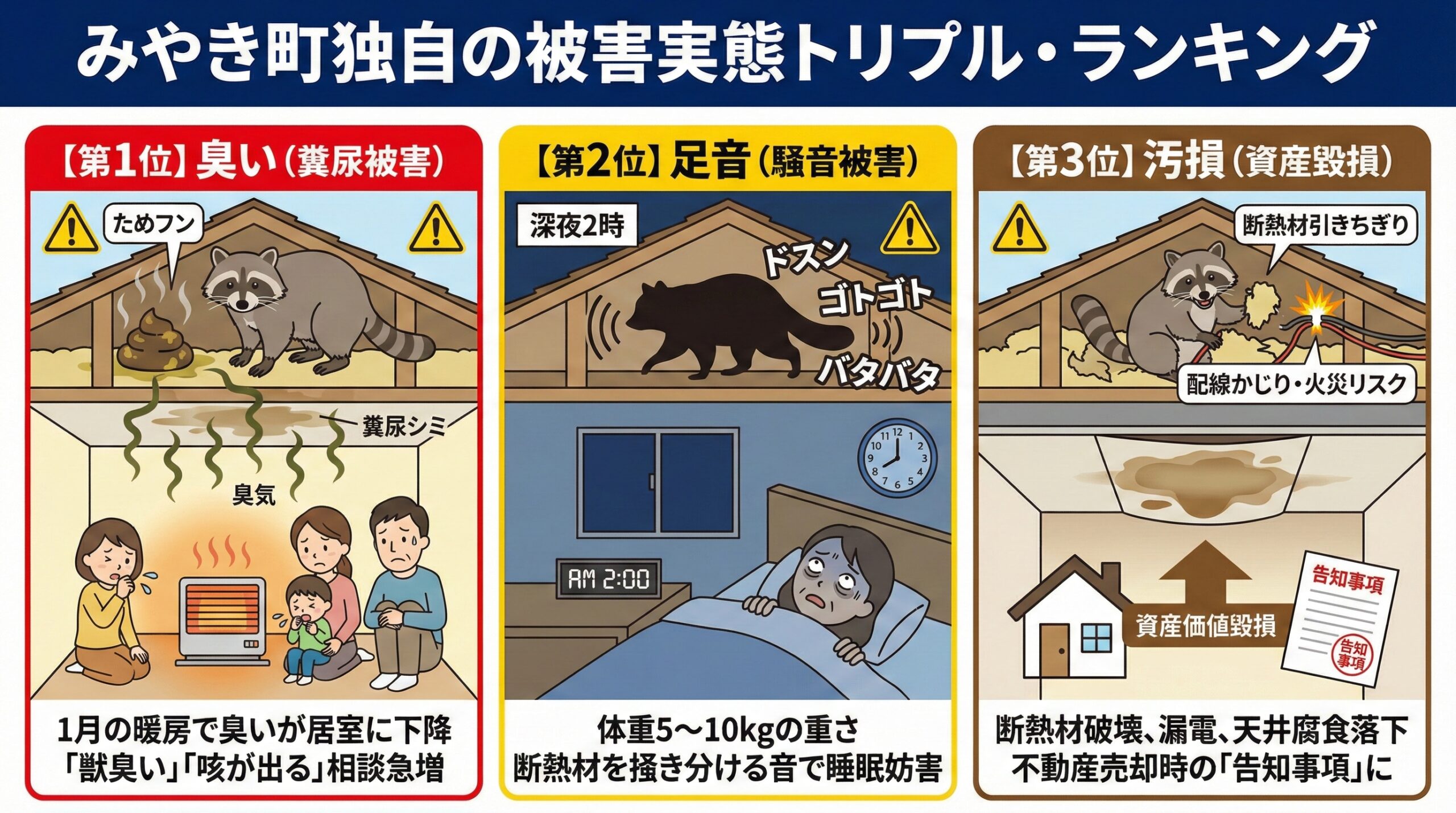 みやき町独自の被害実態トリプルランキング。第一位臭い、第二位足音、第三位汚損。