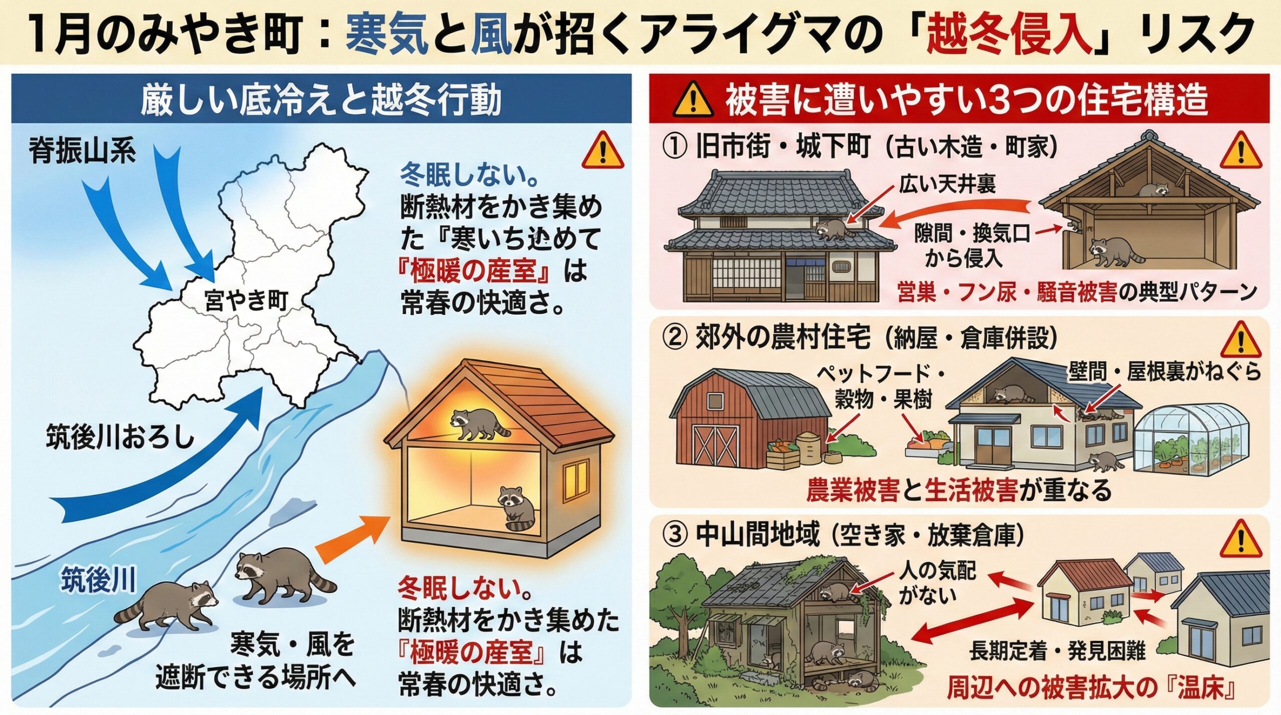 みやき町んも寒気と風が招くアライグマの越冬侵入リスク。