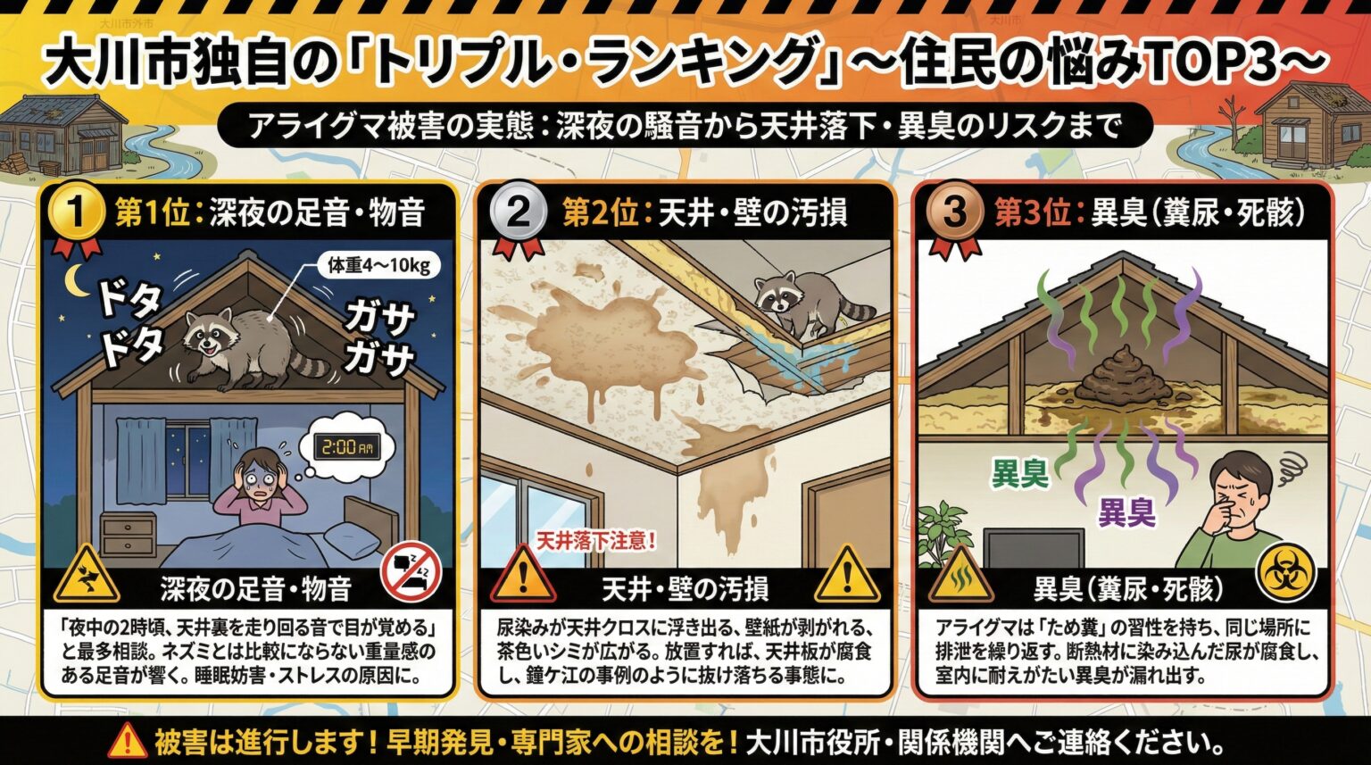 大川市独自のトリプルランキング。住民の悩みTOP3。 1位、足音 2位汚損 3位臭い