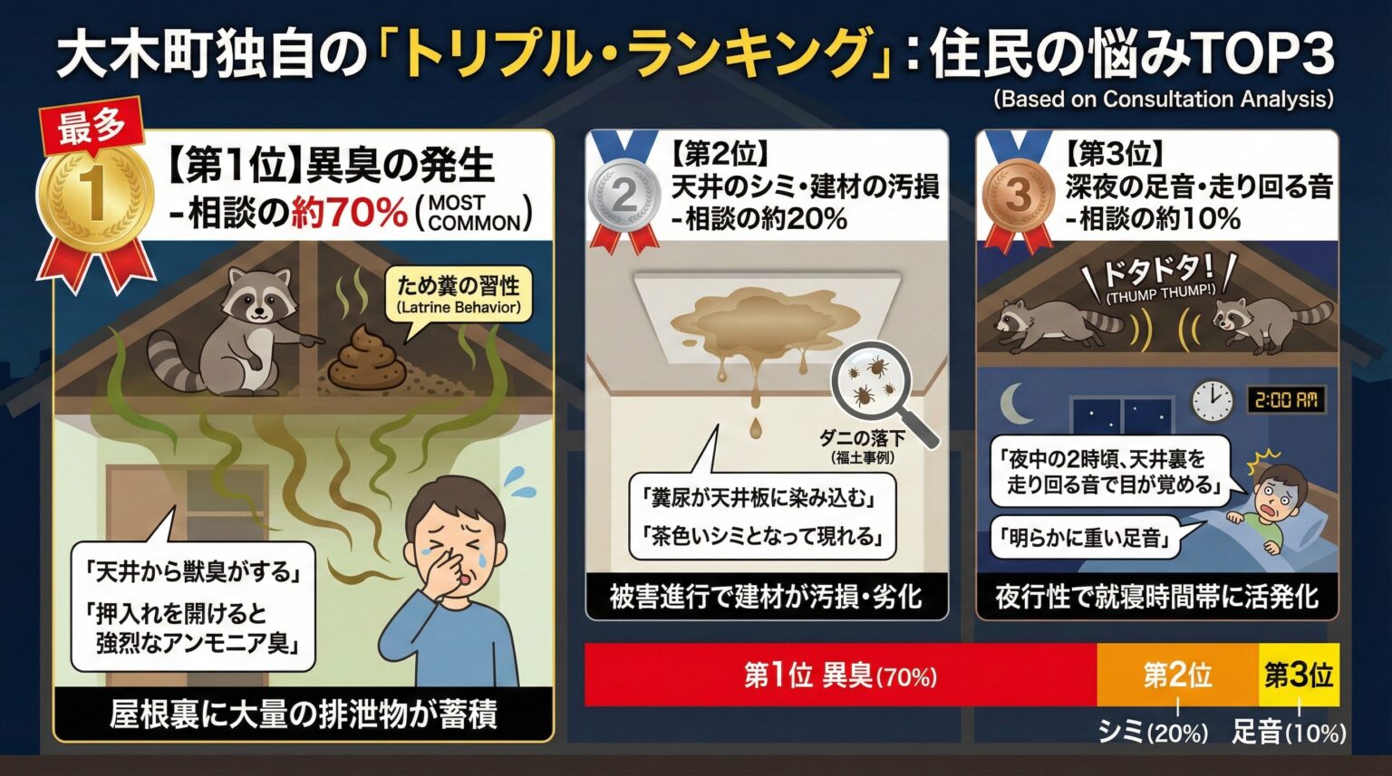 大木町独自のトリプルランキング住民の悩みTOP3 第一位、異臭の発生。第二位、天井のシミ。第三位、足音。