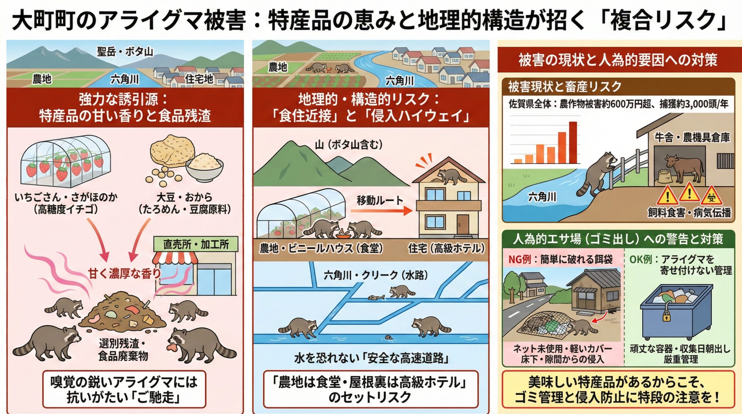 大町町のアライグマ被害。特産品の恵みと地理的構造が招く複合リスク。