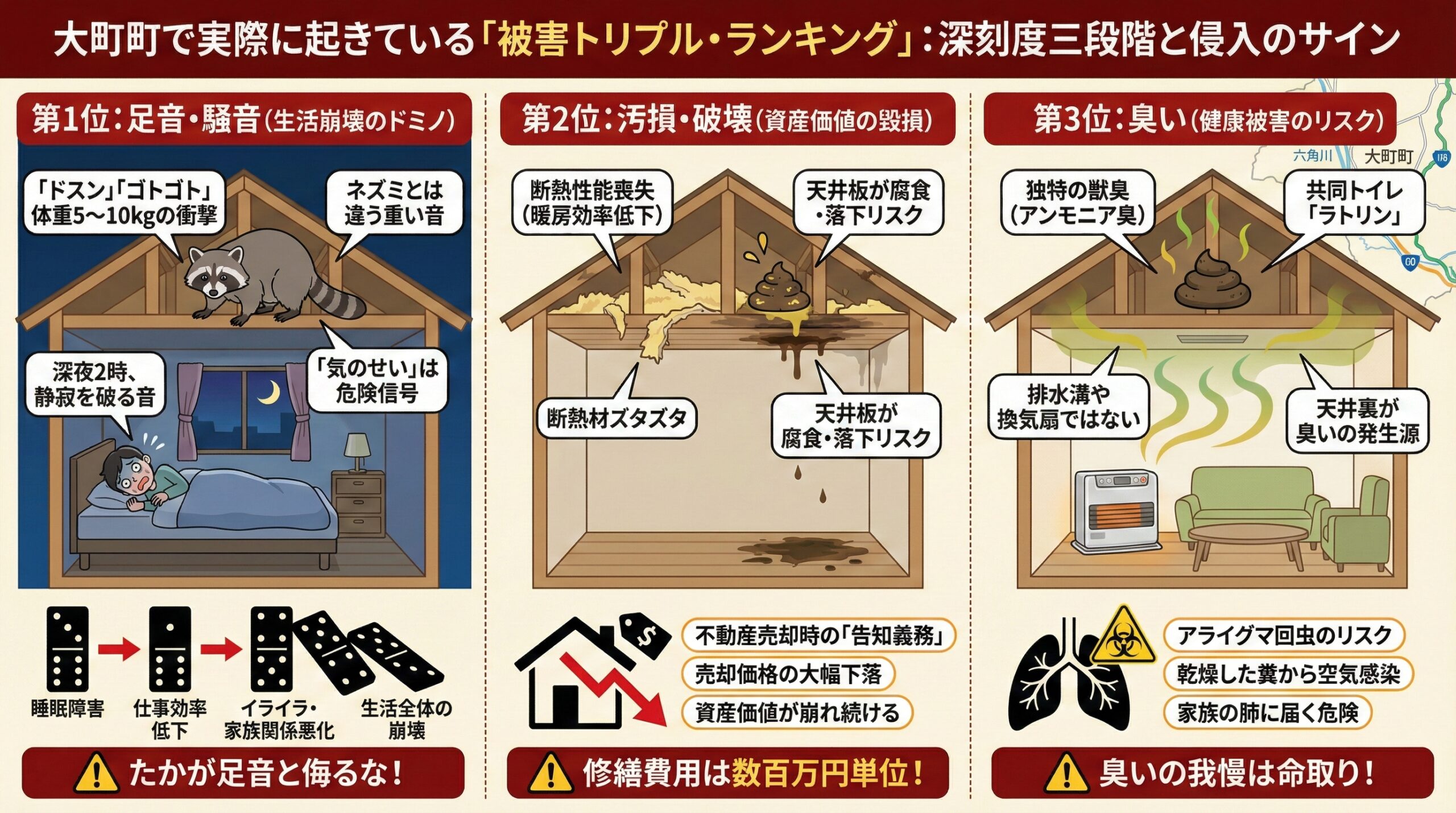 大町町で実際に起きている被害トリプルランキング深刻度三段階と侵入のサイン。