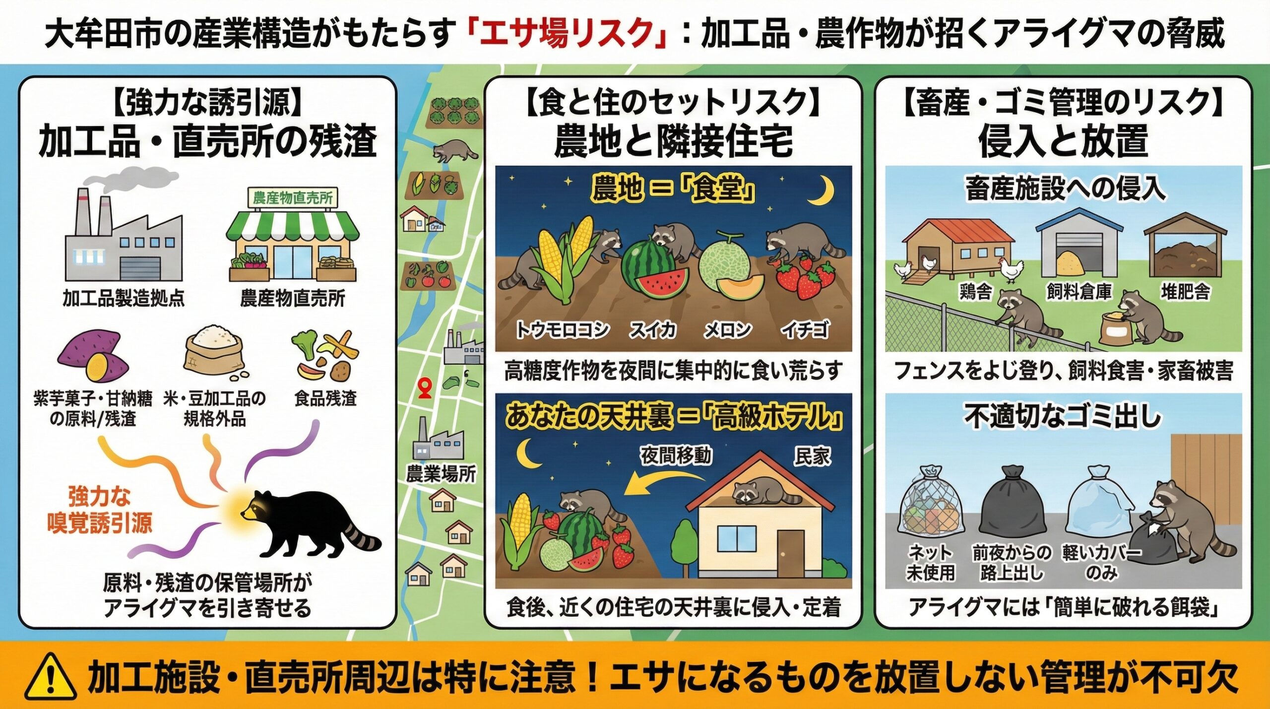 大牟田市がもたらすエサ場リスク。加工品・農作物が招くアライグマの脅威