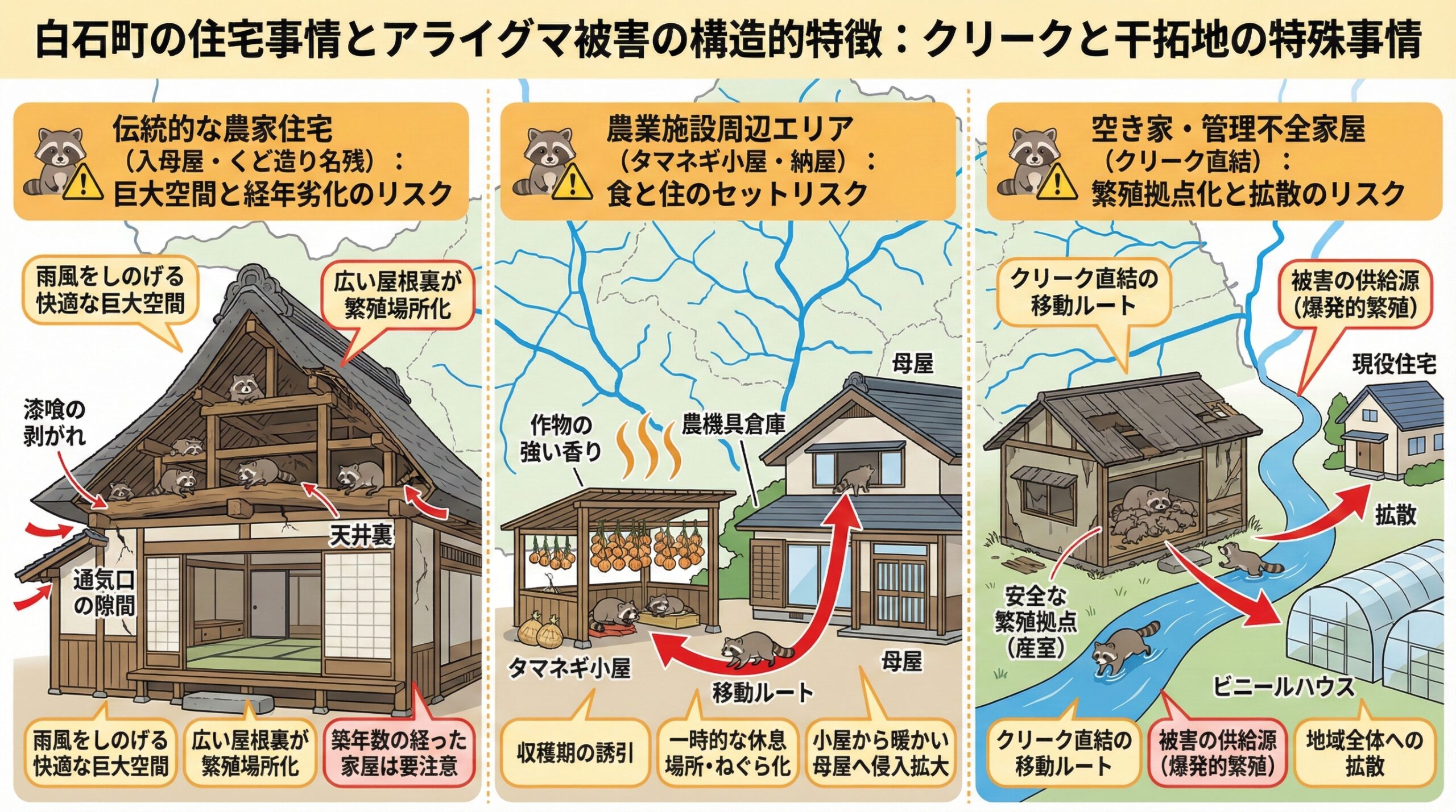 白石町の住宅事情とアライグマ被害の構造的特徴。