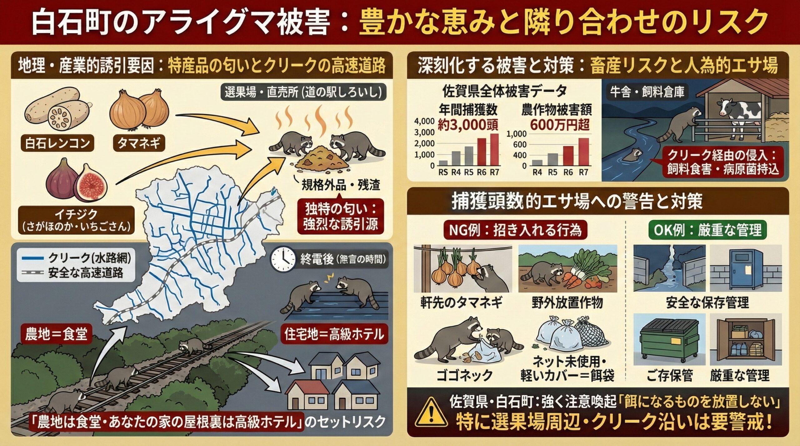白石町アライグマ被害、豊かな恵みと隣り合わせのリスク。