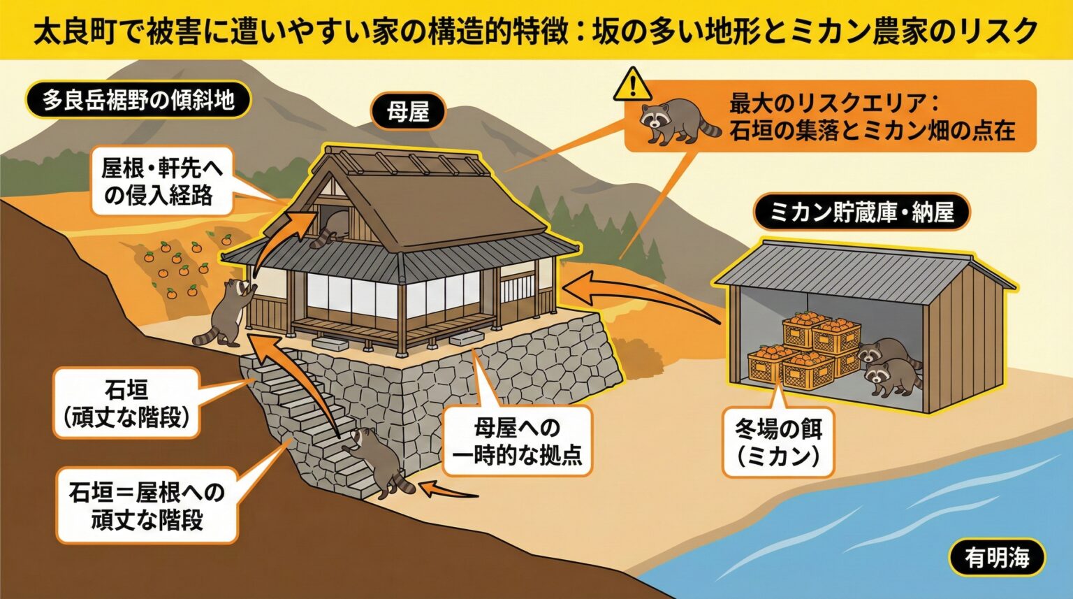 太良町で被害に遭いやすい家の構造的特徴。坂の多い地形とミカン農家のリスク。