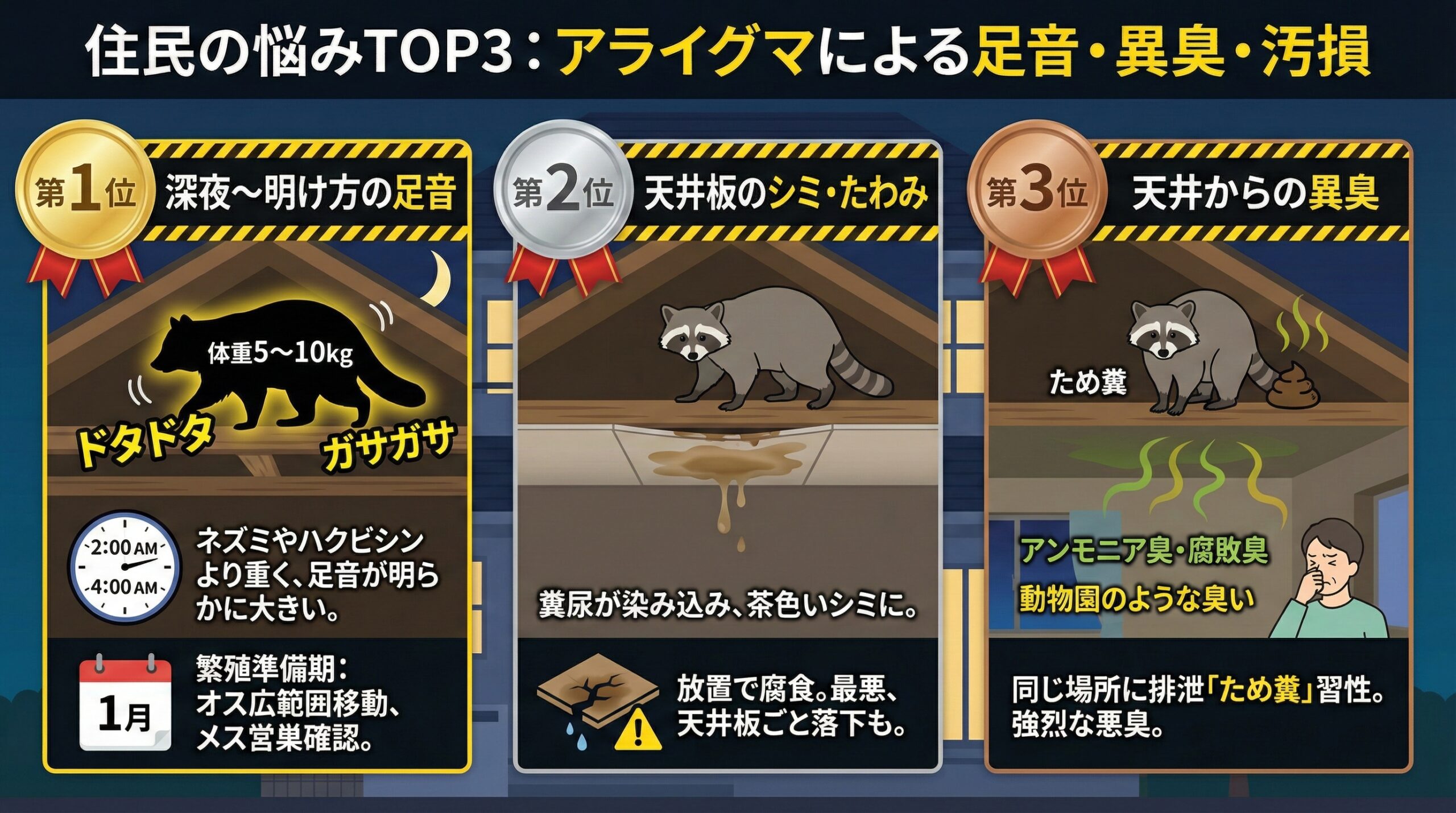 八女市の住民の悩みTOP3。アライグマによる足音・異臭・汚損