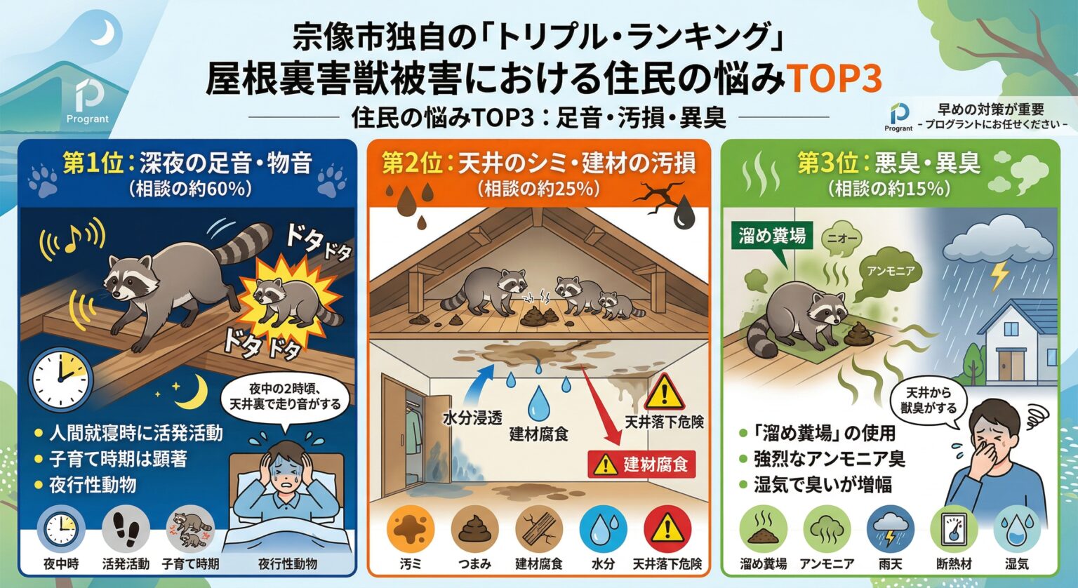 宗像市独自のトリプルランキング|屋根裏害獣における住民の悩みTOP3