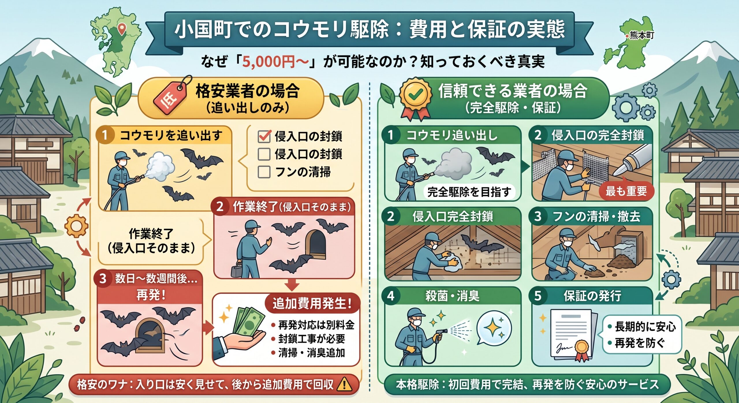 小国町でのコウモリ駆除費用と保証の実態