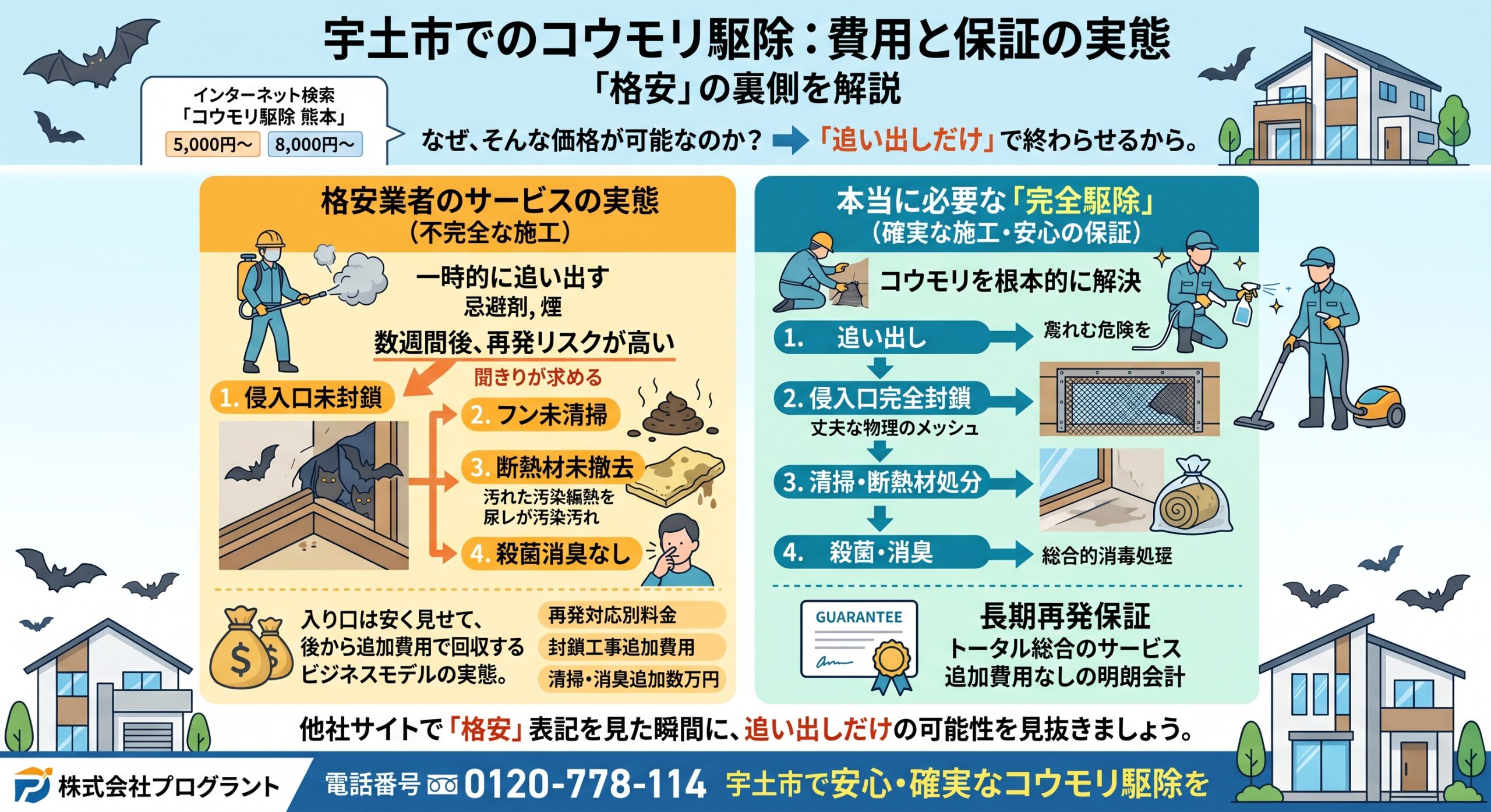 宇土市でコウモリ駆除：費用と保証の実態