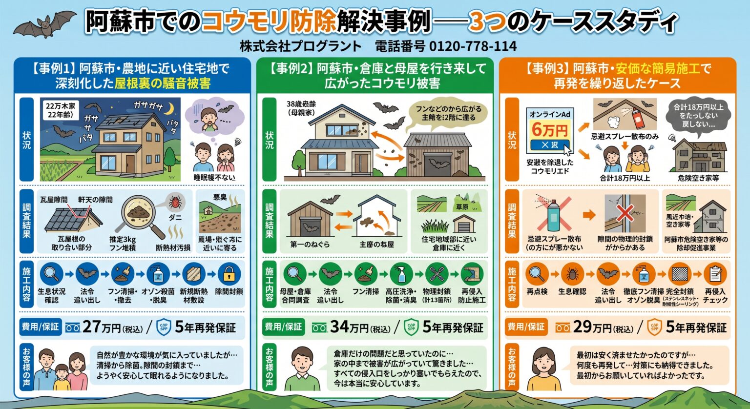 阿蘇市でのコウモリ防除の解決事例:3つのケーススタディ(状況・調査・施工内容・費用)