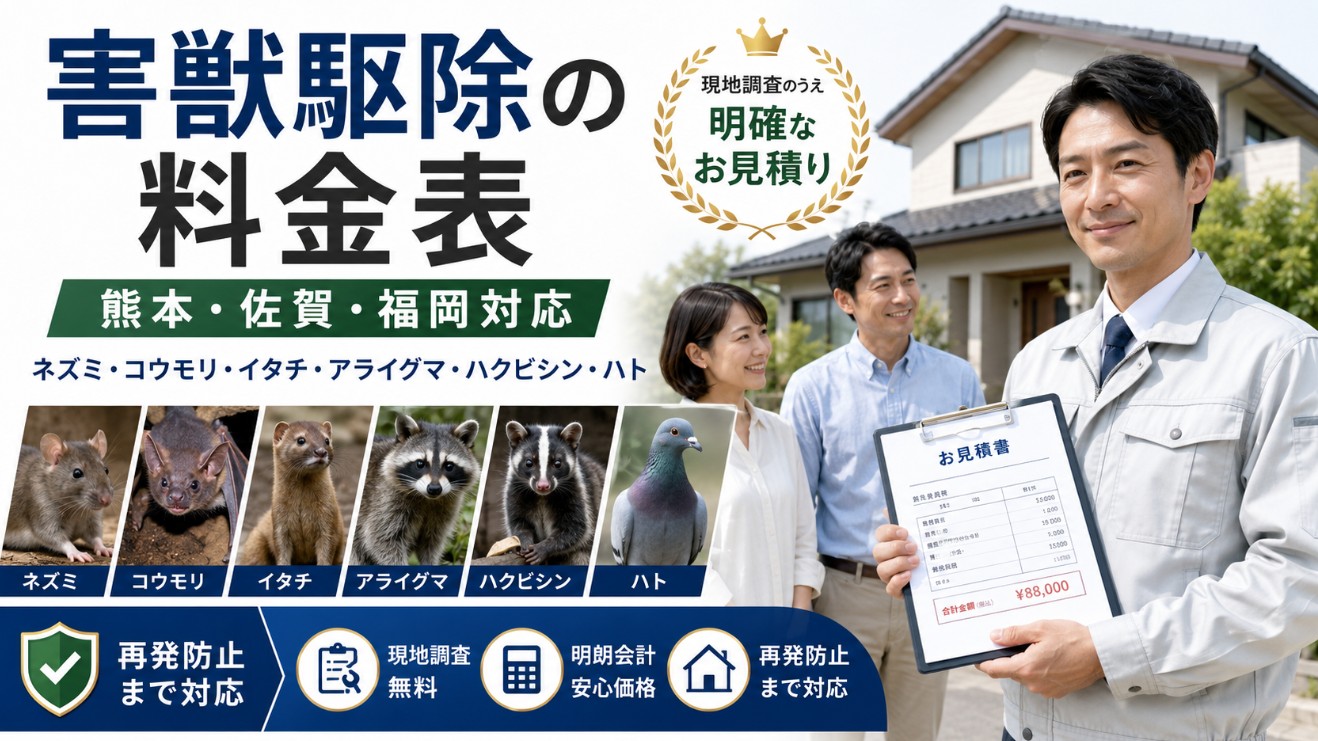 害獣駆除の料金表を案内する画像。熊本・佐賀・福岡対応で、ネズミ・コウモリ・イタチ・アライグマ・ハクビシン・ハトの防除料金と、現地調査・明朗会計・再発防止まで対応するプログラントのサービス内容を紹介。
