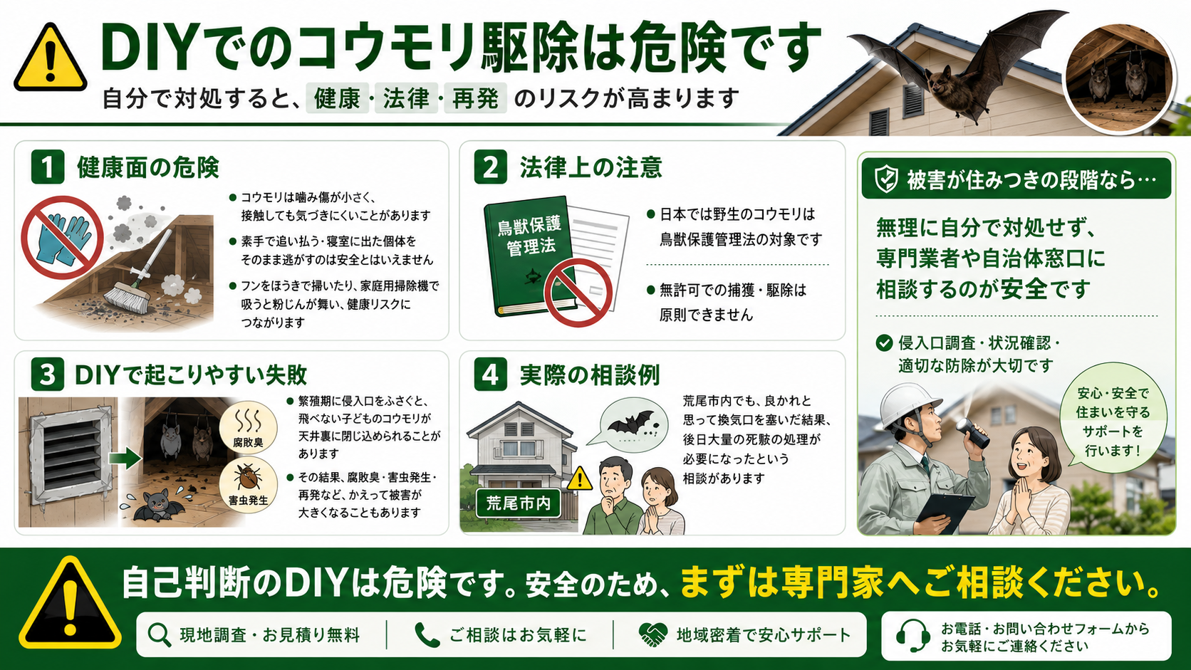 DIYでのコウモリ駆除は危険です。