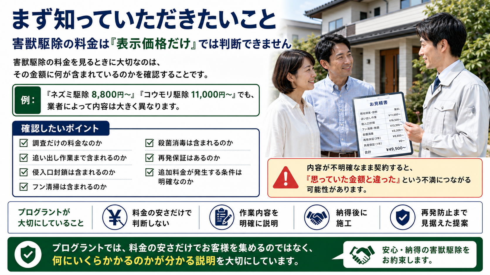 害獣駆除の料金は表示価格だけで判断できないことを解説する画像。ネズミ駆除8,800円、コウモリ駆除11,000円などの表示料金に、調査・追い出し・侵入口封鎖・フン清掃・殺菌消毒・再発保証・追加料金条件が含まれるかを確認する重要性を、プログラントの見積り説明シーンとともに紹介。