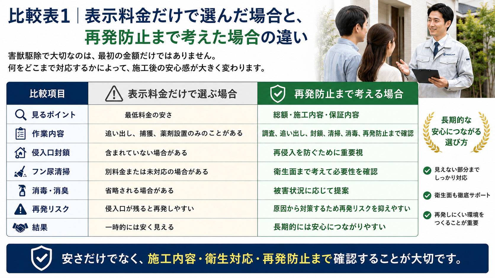 害獣駆除の料金を表示価格だけで選んだ場合と、再発防止まで考えて選んだ場合の違いを比較した画像。最低料金の安さだけでなく、調査・追い出し・侵入口封鎖・フン尿清掃・消毒消臭・保証内容まで確認する重要性を解説し、長期的な安心につながる害獣駆除の選び方を紹介。