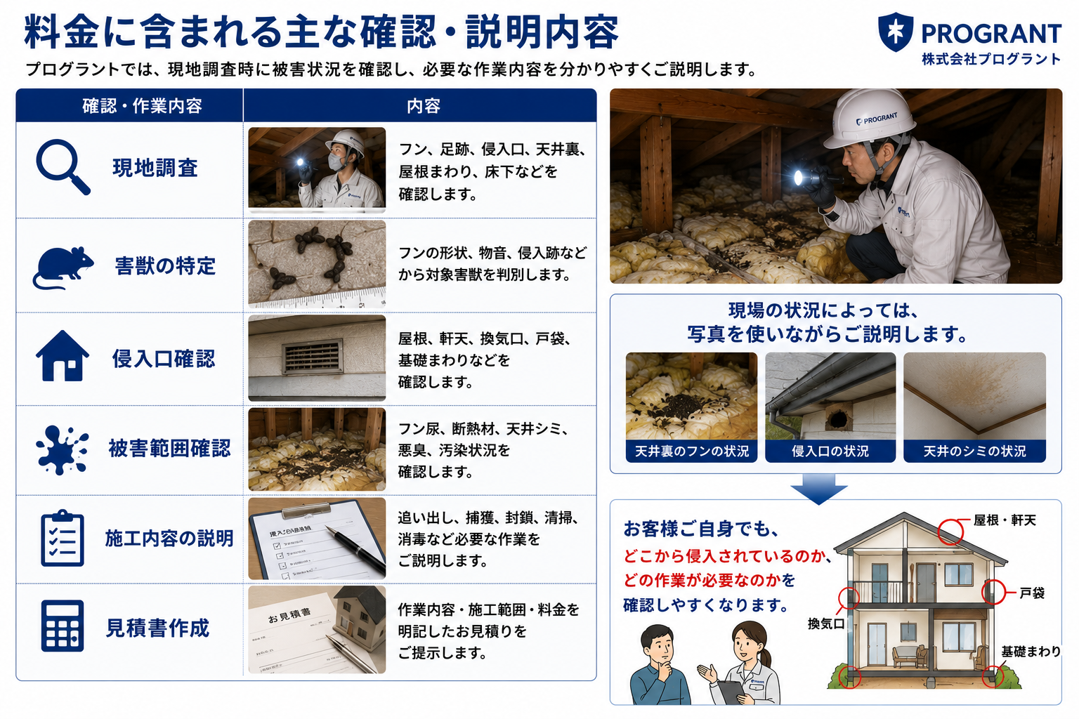 プログラントの害獣駆除料金に含まれる主な確認・説明内容を解説する画像。現地調査でフン・足跡・侵入口・天井裏・屋根まわり・床下を確認し、フンの形状や物音、侵入跡からネズミ・コウモリ・イタチ・アライグマなどの害獣を特定。侵入口確認、被害範囲確認、施工内容の説明、見積書作成までを写真付きで紹介し、必要な作業内容と料金を分かりやすく説明するプログラントの調査対応を訴求。