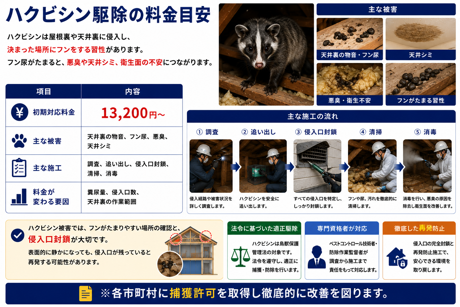 ハクビシン駆除の料金目安を解説する画像。ハクビシンが屋根裏や天井裏に侵入し、決まった場所にフンをためる習性によって、天井裏の物音・フン尿・悪臭・天井シミ・衛生面の不安を引き起こす可能性を紹介。初期対応料金13,200円から、調査・追い出し・侵入口封鎖・清掃・消毒までの施工内容を説明し、糞尿量・侵入口数・天井裏の作業範囲によって料金が変わること、市町村の捕獲許可を取得して法令に基づき再発防止まで対応するプログラントのハクビシン防除を訴求。