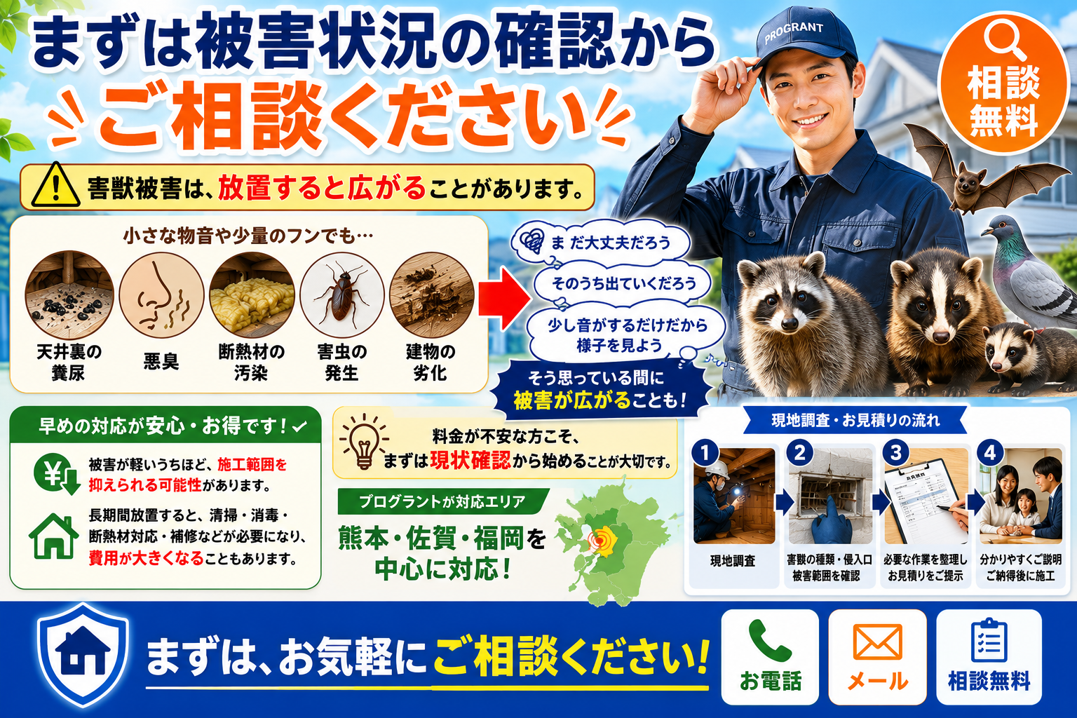 害獣被害はまず被害状況の確認から相談する重要性を伝える画像。天井裏の糞尿、悪臭、断熱材の汚染、害虫発生、建物劣化など、放置によって被害や費用が広がる可能性を紹介。熊本・佐賀・福岡を中心に、プログラントが現地調査で害獣の種類・侵入口・被害範囲・必要な作業を確認し、分かりやすく納得できる見積りを提示する流れを訴求。