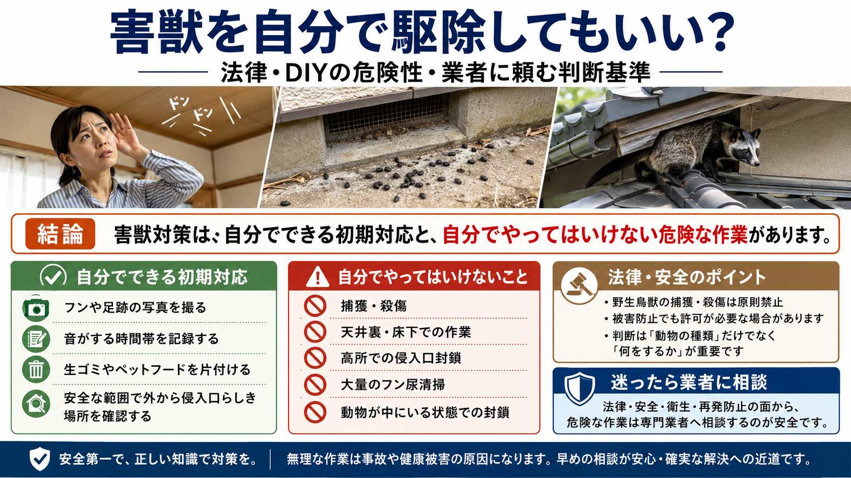 害獣を自分で駆除してもいい？法律・DIYの危険性・業者に頼む判断基準 