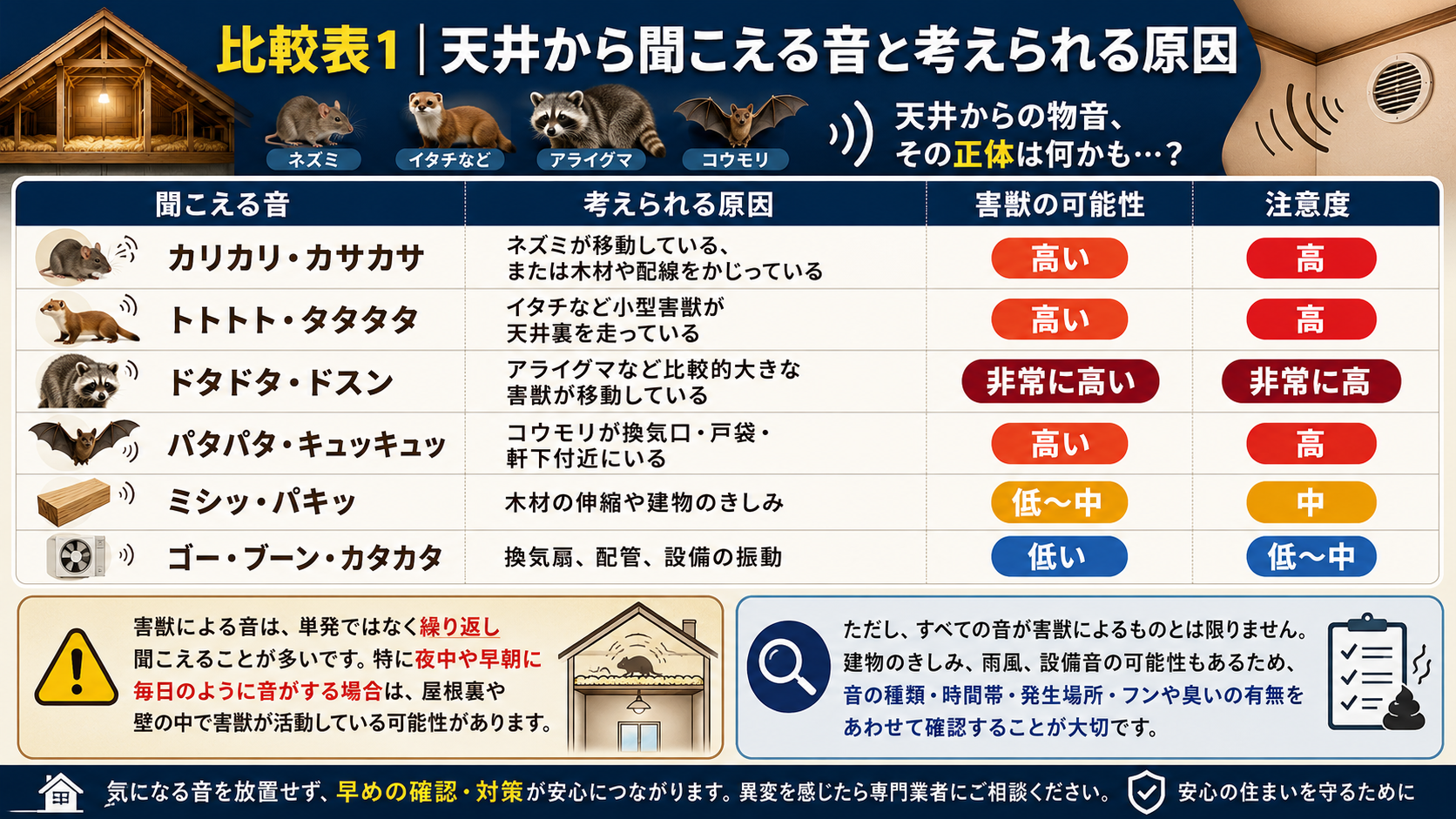 天井から聞こえる音の種類ごとに、ネズミ・イタチ・アライグマ・コウモリなど害獣の可能性、考えられる原因、注意度を比較した図解表