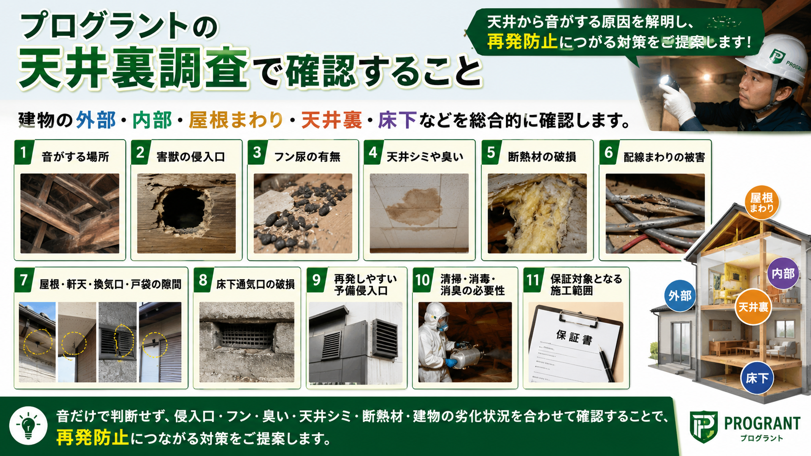 プログラントの天井裏調査で、音の原因・害獣の侵入口・フン尿・天井シミ・臭い・断熱材や配線被害・屋根や換気口の隙間を確認し、再発防止対策につなげる内容をまとめた画像