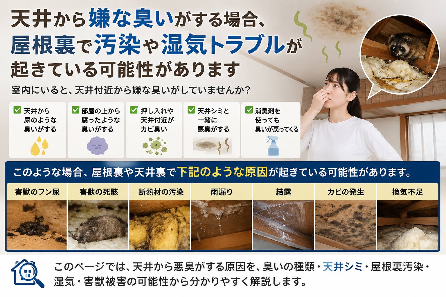 天井から嫌な臭いがする原因として、屋根裏や天井裏で起こる害獣のフン尿・死骸・断熱材汚染・雨漏り・結露・カビ・換気不足などの可能性を解説した画像