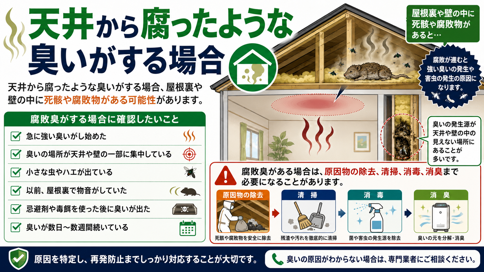 天井から腐ったような臭いがする原因として、屋根裏や壁内の死骸・腐敗物・虫の発生の可能性と、原因物の除去・清掃・消毒・消臭まで必要な対策を解説した画像
