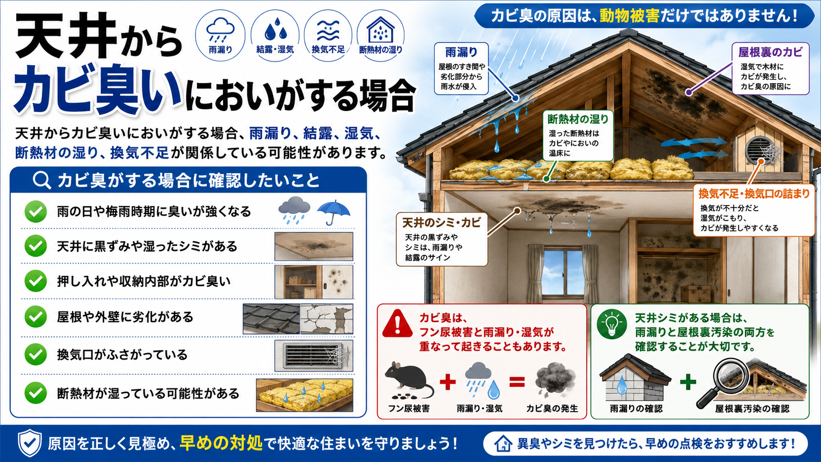 天井からカビ臭いにおいがする原因として、雨漏り・結露・湿気・断熱材の湿り・換気不足や屋根裏のカビを示し、天井シミがある場合は雨漏りと屋根裏汚染の両方を確認する重要性を解説した画像